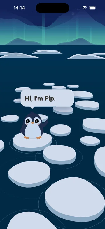 Pip waves on an ice floe at night and says “Hi, I’m Pip.”