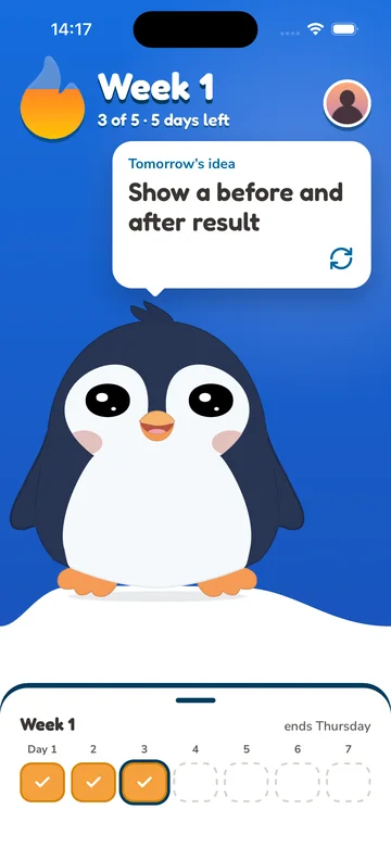 Home screen: Week 1, 3 of 5, 5 days left, Pip with an idea and the week’s seven days