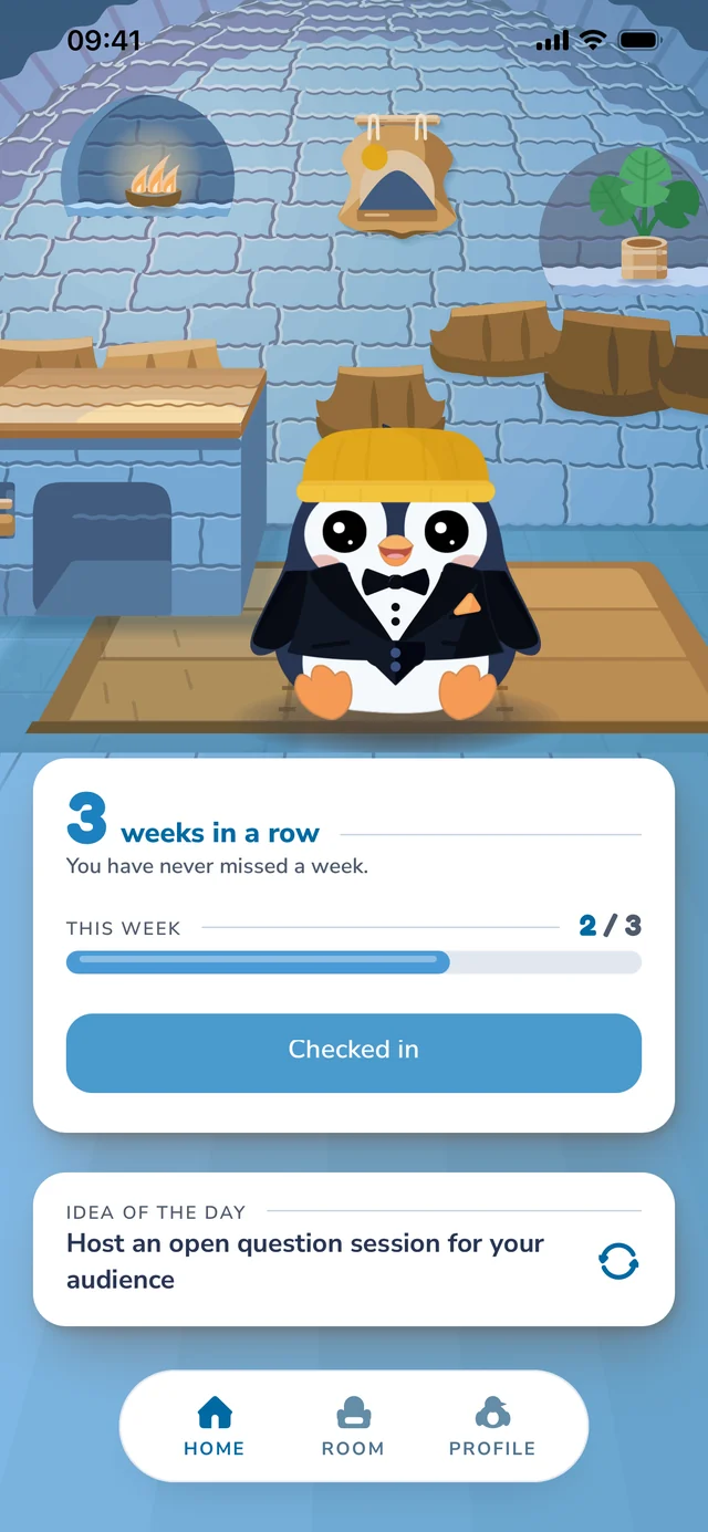 The distribot home screen: three weeks in a row, two of three posts checked off this week, the check-in button, and the penguin in its igloo.