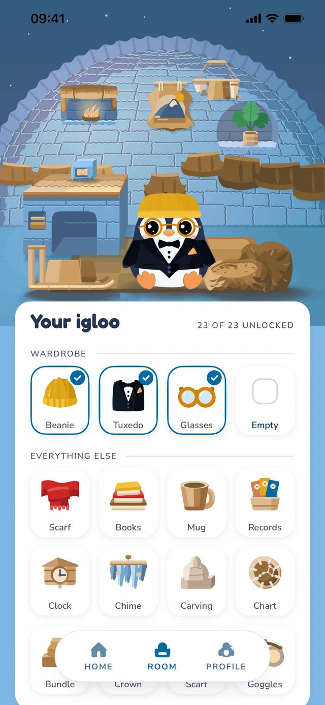 The igloo screen: the furnished igloo above, and below it the inventory with the wardrobe and every item unlocked so far.