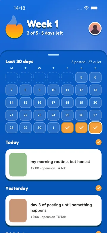 Calendar of the last 30 days with three posted days and the videos of today and yesterday